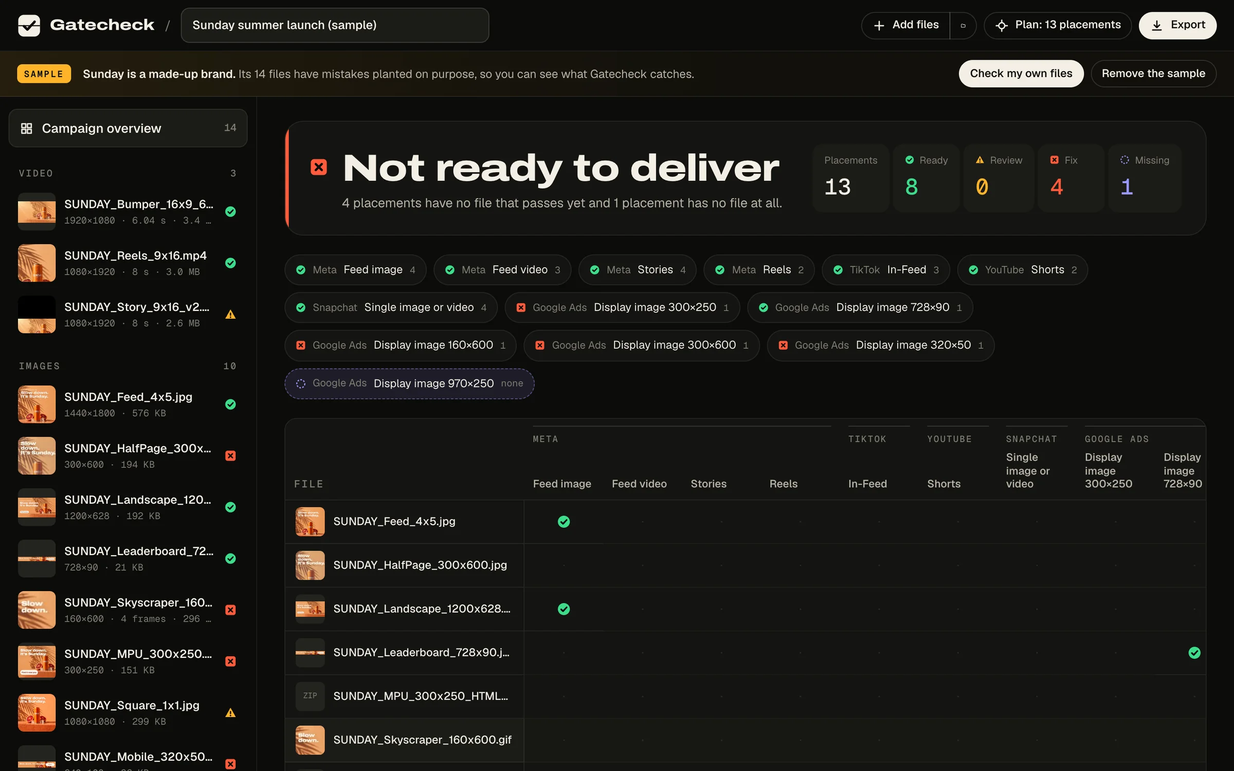 Gatecheck's campaign board: files down the side, placements across the top, a status for each
